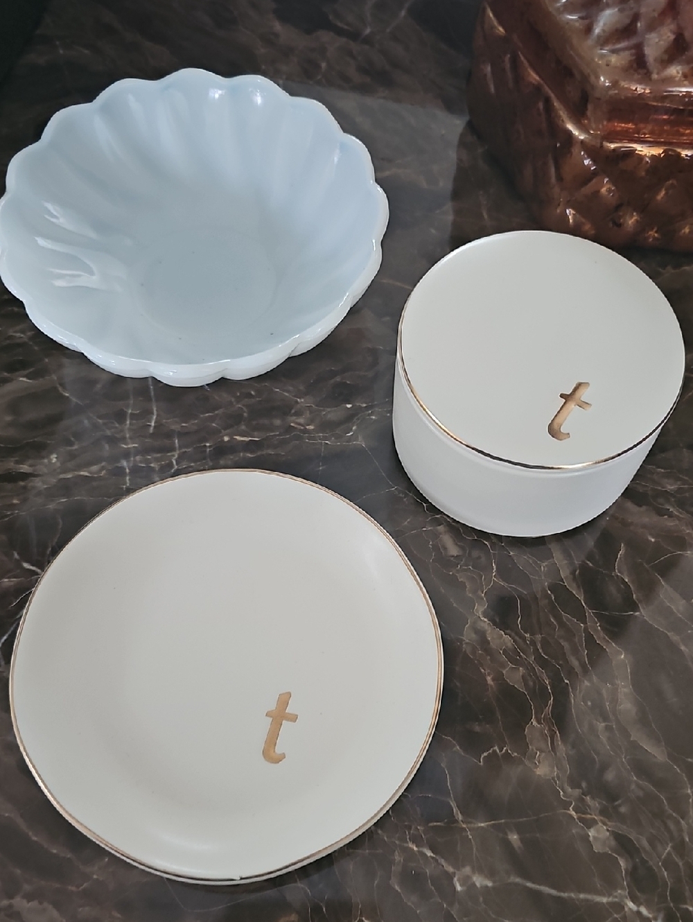 3 PC Monogrammed White Ceramic Trinket Dish Set with Gold Accent - Initial T